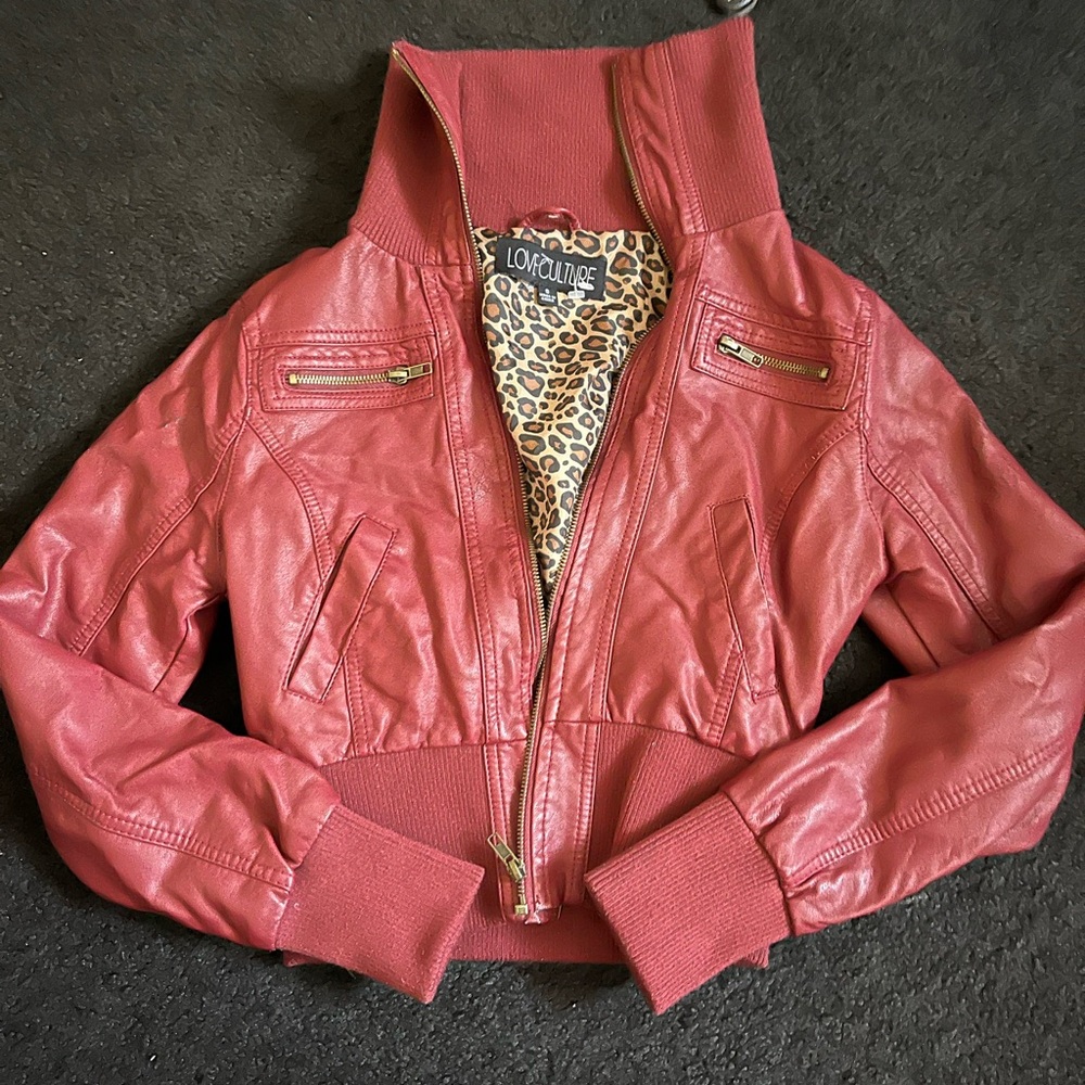Red and Cheetah Print, Faux Leather Jacket